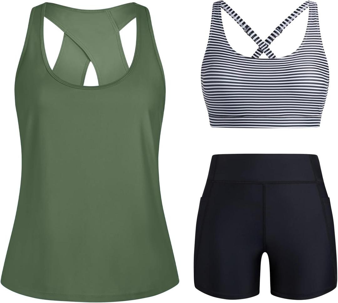 HUSKARY 3 Piece Tankini Swimsuits for Women Swim Tank Top with Bra and High Waist Boy Shorts with Pockets, 16W