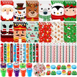 Pasimy 170 Pcs Christmas Stationery Set 24 Pack Xmas Goody Bag Filler with Eraser Slap Bracelet Pencil Stationery Stocking Christmas Party Favors Assortment for Gift Prizes Reward Supplies