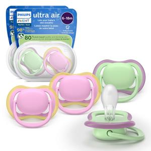 Philips Avent Ultra Air Pacifiers - Orthodontic Design, for Babies 6-18 Months, Soft Silicone Symmetrical Nipple, BPA-Free, 2 Sterilizing Cases, 4 Pack, SCF087/25 (green, pink)