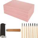 10 Pack Rubber Stamp Making Kit - Block Printing KitLinoleum Carving Tools with 8 Type Blades, 8 Pcs Pink Rubber Carving Block and Rubber Brayer Roller