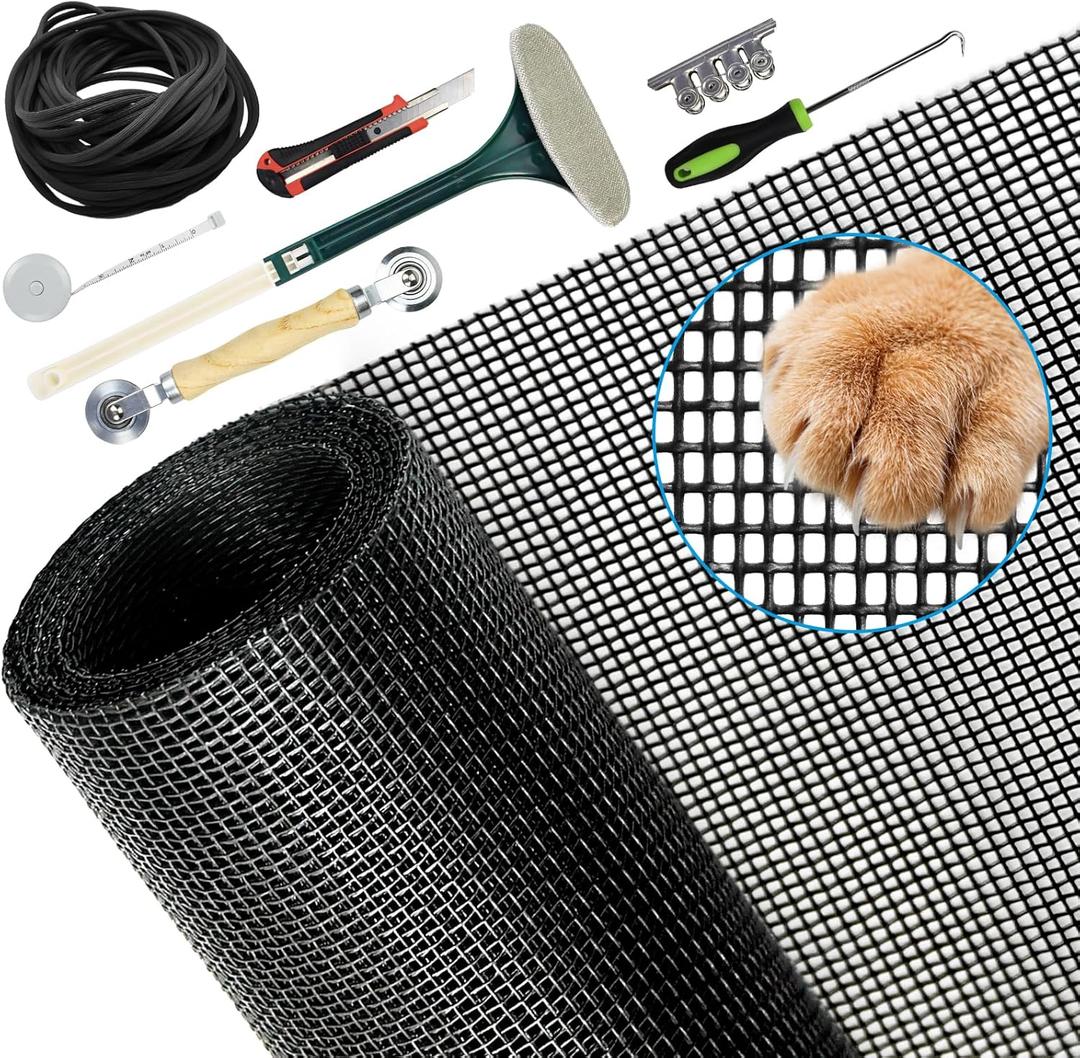 Pet Screen and Screen Repair Kit, Upgraded Thicken Pet Proof Window Screen Replacement - DIY Custom Adjustable Screen Mesh for Windows Doors and Patio Screen for Pet Resistant,48 x 100,Black