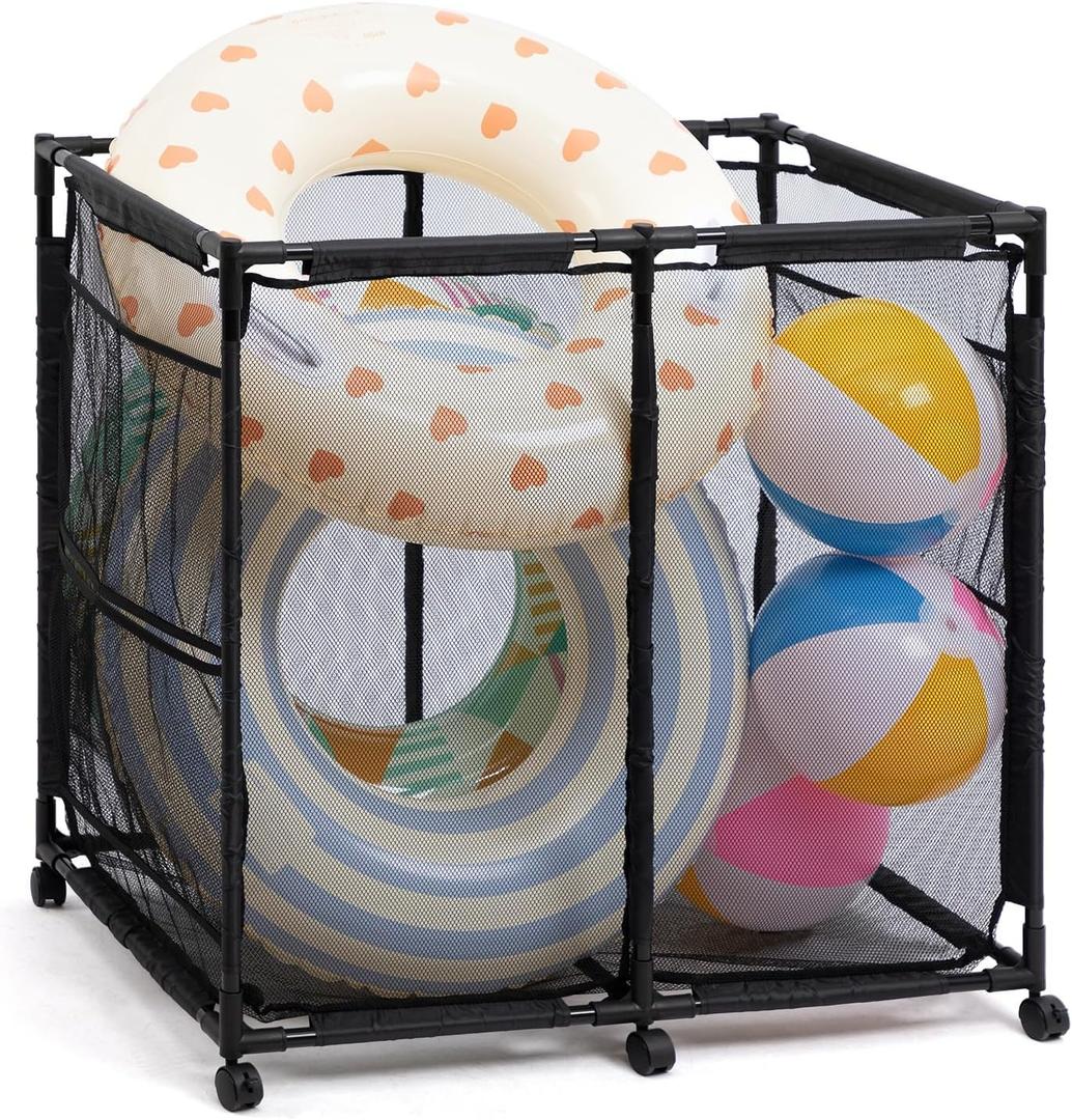 ALIMORDEN Pool Storage Bin, Rolling Mesh Basket Organizer, Metal Frame Container Holder for Swimming Balls, Floats, Toys and Beach Towels, Black (Large)