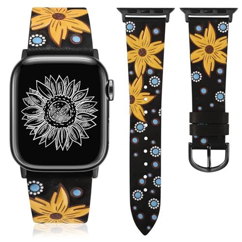 Minyee Leather Band Compatible with Apple Watch Band 38/40/41/42mm Women, Dressy Designer Embossed Premium Leather Wristband Sunflower Fashion Strap for iWatch Series 11 10 9 8 7 6 5 4 SE/Ultra 3 2 1