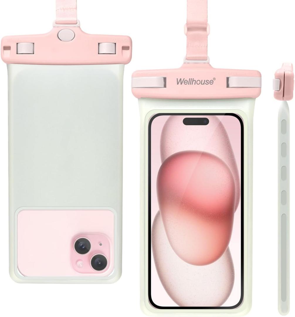 wellhouse Waterproof Phone Pouch, Waterproof Phone Case for iPhone 16 15 14 13 12 Pro Max XS Samsung, IPX8 3D Cellphone Dry Bag Beach Essentials (1 Pack - Luminous Pink7.0, 7 inch)