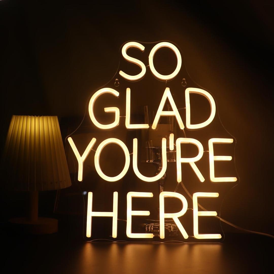 QiaoFei LED "So Glad You Are Here" Neon Sign Pink Word/Letters USB Powered Neon Lights for Bar Coffee Room Home Art Wall Decor  Birthday/Wedding Party Window Living Room Decor(Warm white)