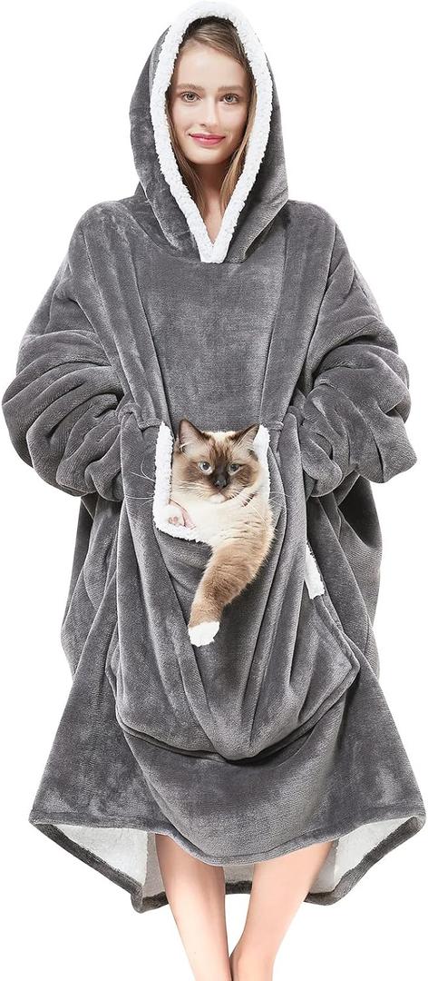 Wearable Blanket Hoodie with Giant Pocket Pet Won't Leave Extra Soft Sherpa Fleece Thick Warm  Cozy Oversized Sweatshirt Blanket Jacket with Sleeves-Grey