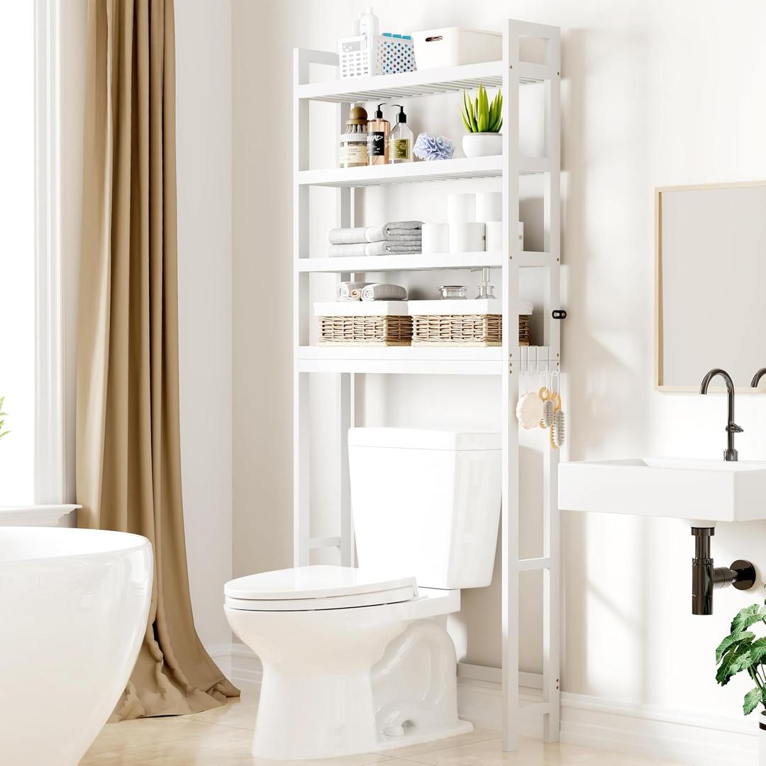 Smiry Over The Toilet Storage Cabinet, 4-Tier Bamboo Bathroom Organizers with Adjustable Shelf & 4 Hooks, Space Saving Shelf Rack for Bathrooms, Laundry Room, Balcony, White, 4 Tiers (72.8"H)