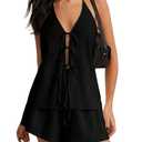 SHENHE Women's Linen Short Sets 2 Piece Y2K Outfits Backless Tie Front Halter Top and Shorts Set Black Large