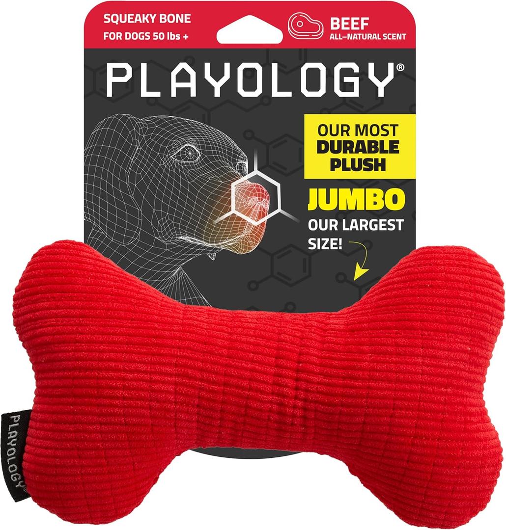 Playology Plush Squeaky Bone | Engaging All Natural Beef Scented Plush Dog Toy with Interactive Squeaker for Large to X-Large Dogs 50lbs & up | Easy to Clean | Ideal for Squeak, Chew, Fetch, and Play