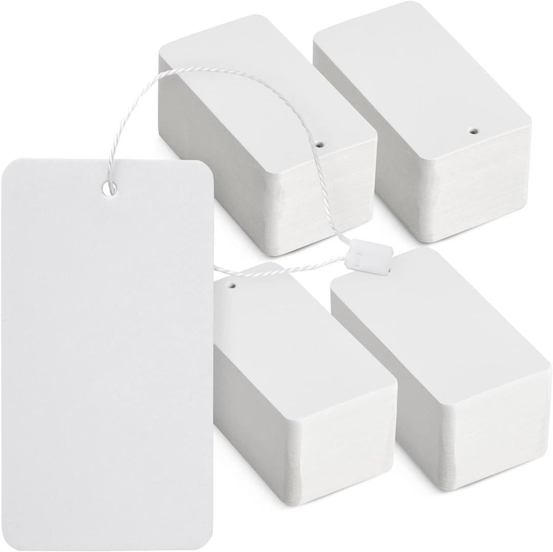 500-Pack Hang Tags with String Attached and Fasteners, Blank Writable Cardstock Paper Tags for Presents, Clothing, Shipping, Retail, Gift Bags, White (3.5x2 in)