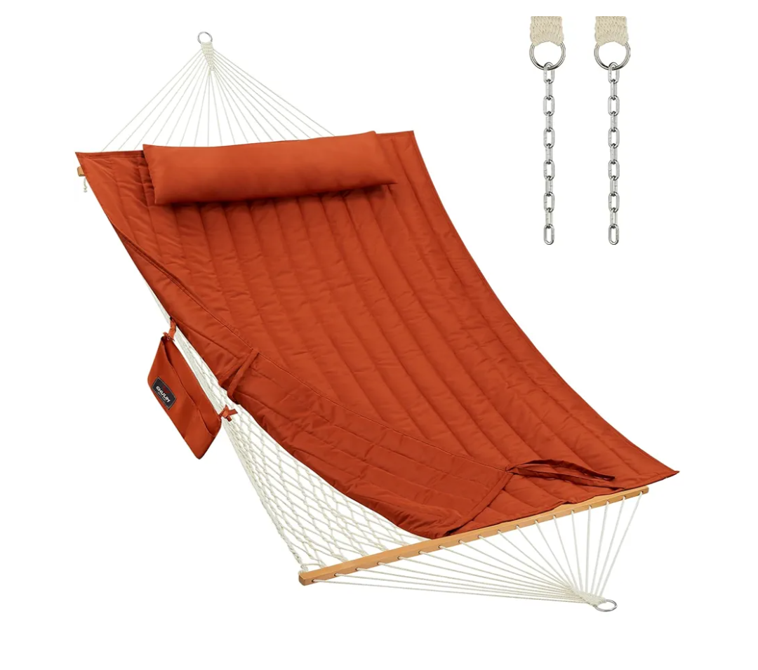Outdoor Double Hammock with Hardwood Spreader Bars, Large Rope Hammock with Polyester Pad and Pillow, 475 LBS Capacity for 2 Person Patio Backyard Poolside - Terracotta