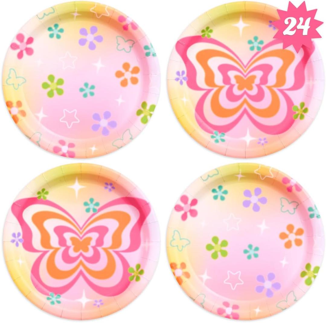 xo, Fetti Groovy Y2K Paper Plates, 2 Designs | 24 pcs 9" | Butterfly Kids Party Decorations, Girls Bachelorette Supplies, Rainbow Birthday Tablescape, Pastel Flower Decor