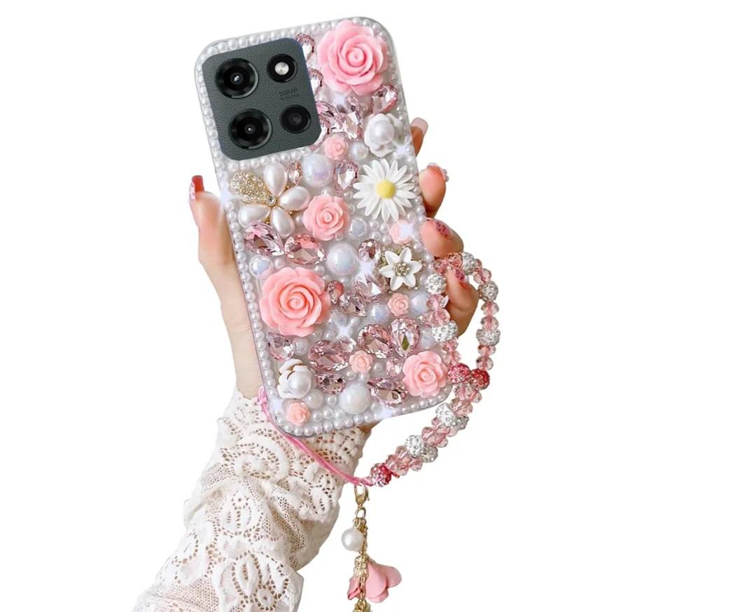 for Moto G 2025/2026,G Play 2026 Bling Case Luxury Cute Diamond Glitter Crystal Rhinestone 3D Rose Flowers Pearl Handmade Phone Cover for Women Girls with Wrist Strap,Pink