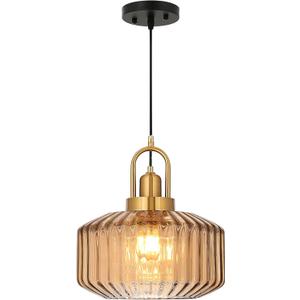 11.8in Mid Century Modern Amber Glass Pendant Light Fixture, Large Gold Kitchen Island Pendants Light Glass Ceiling Hanging Lamp for Foyer Dining Room Bedroom Entryway Hallway Over Sink