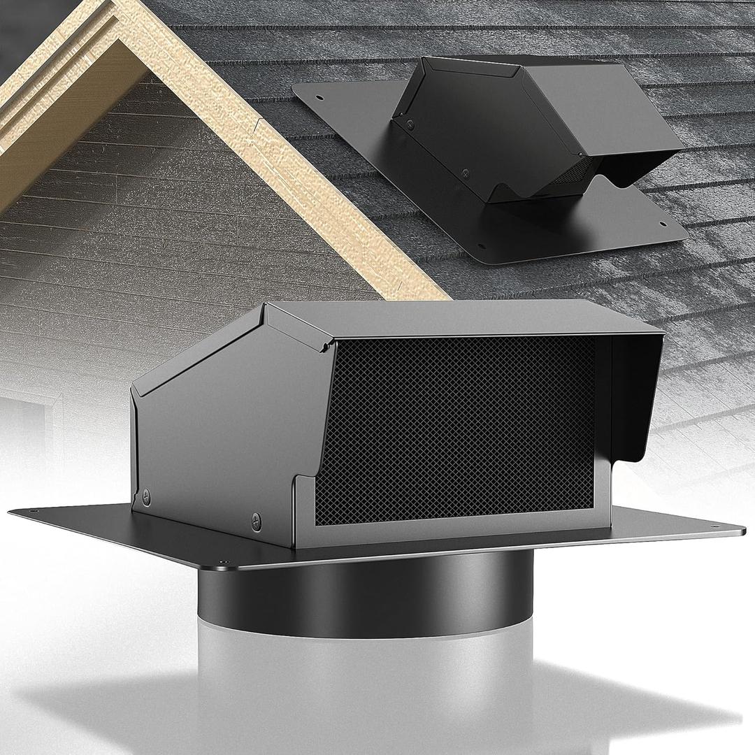 8 Inch Roof Vent Cap Bathroom Exhaust Roof Vent with Damper & Sealed Screen, Removable Ventilation System for Dryer with Bottom Extension Pipe, Black Surface Coating, Waterproof (8 inch)