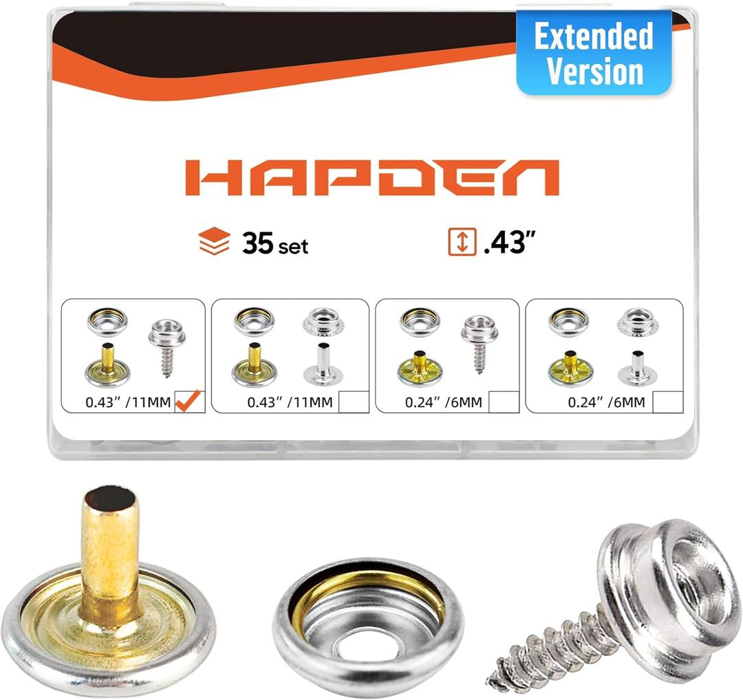 Hapden 105 Pcs Extended Version Canvas Snaps Kit, Heavy Duty Snaps, Stainless Steel for Fabric, Boat Cover, Tarps, DIY Projects Within 0.32, Cap Post is 0.43" Long