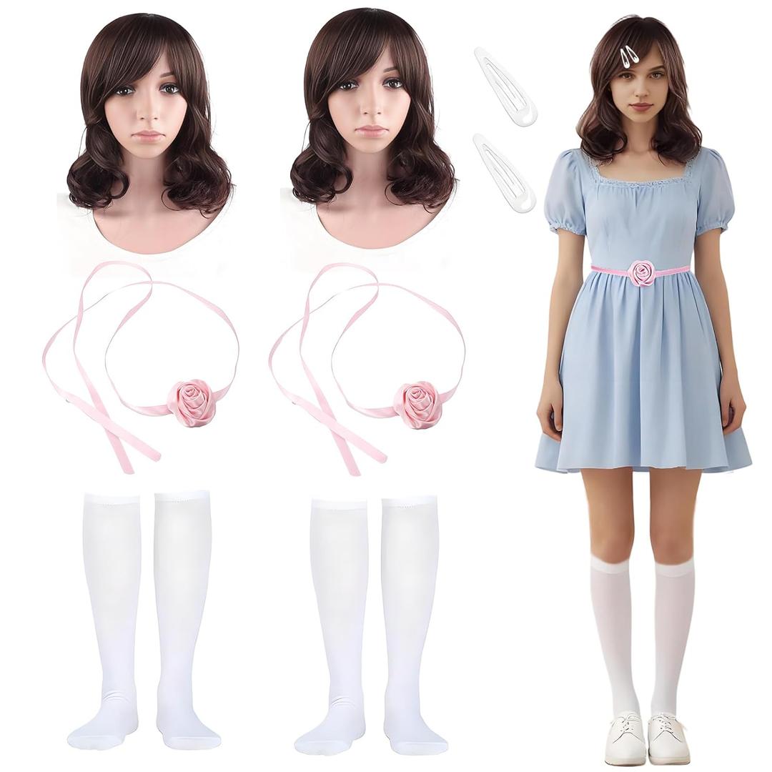 10pcs Women Twins Costume Accessory Set Blue Horror Creepy Sister Wig Sock Pink Sash Side Clip Halloween Cosplay Party
