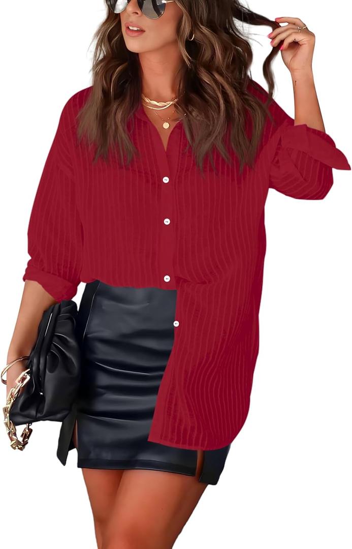 Diosun Womens Striped Sheer Button Down Shirts Long Sleeve Collared Drop Shoulder Stylish Casual Blouse Tops (Red, L)
