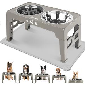 Elevated Dog Bowls for Medium Size Dogs with Mat, Non-Slip Dog Feeder with 1*Stainless Steel Dishes & 1*Slow Feeder Bowl, 5 Heights Adjustable Raised Bowls for 3.15-8.66-9.84-11.02-12.2 (Light Borwn Grey)