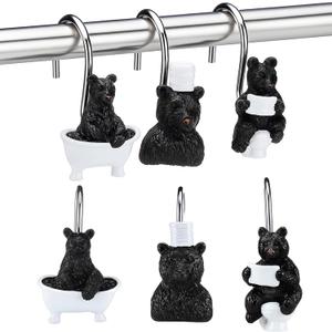 Roowest 12 Pcs Black Bear Shower Curtain Hooks Funny Bear Shower Curtain Hooks Stainless Steel Rust Resistant Rings Hangers for Winter Farmhouse Rustic Bathroom Decor