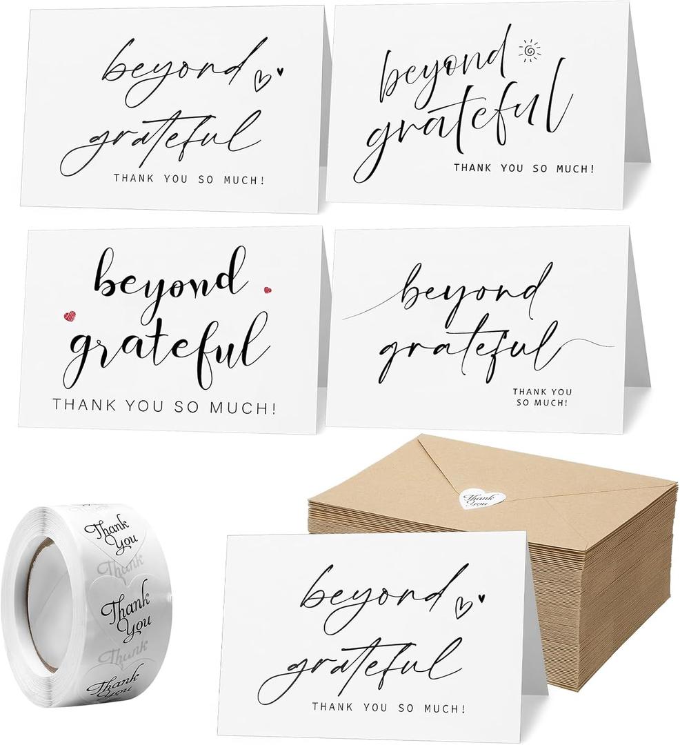 Yeaqee 200 Pack Beyond Grateful Thank You Cards Bulk 4 x 6 Inches Thank You Cards with Envelopes and 500 Pcs Matching Stickers for Baby Shower Wedding Bridal Shower Business Gratitude Gift