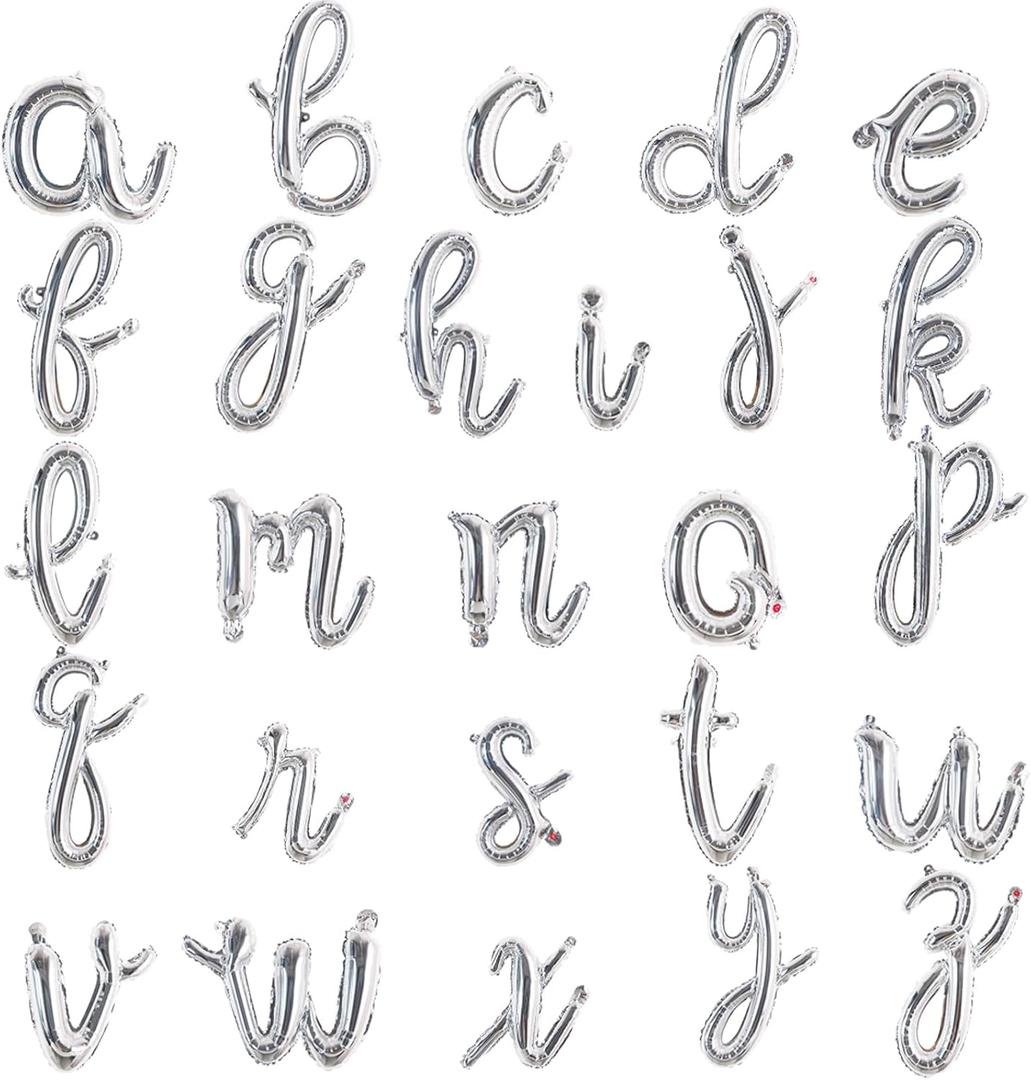 TONIFUL 52 Pcs 16 Inch Silver Cursive Letter A-Z Balloons,Cursive Custom Phrase Foil Alphabet DIY Personalized Phrase Banner for Birthday Anniversary Celebration Graduation Party Supplies Decor