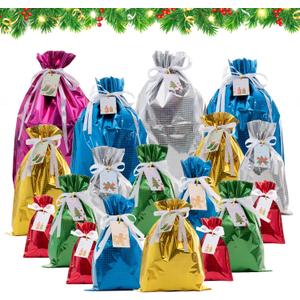 YaaBi Christmas Drawstring Gift Bags - 18 Pcs Fast Wrapping Reusable Foil Gift Bags with Tags for Holiday Party Birthday Presents (Assorted Sizes)