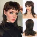 Mullet Wigs for Black Women WolfCut Wig Layered Wavy Wig with Bangs, Mullet Wig Short Pixie Cut Wigs 80s 90s Wigs for Women Synthetic Shaggy Wig Full Machine Made Wig(Brown mixed with black)