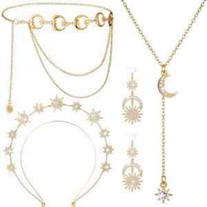 Glenmal 4 Pieces Halo Crown Moon Stars Necklaces and Body Chain Halo Tiaras Headband Headpiece Drop Earrings for Women (Gold)