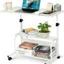 Portable Rolling Desk on Wheels Small Standing Desk Adjustable Height Desks with Wheels for Small Spaces, 32" Computer Desks with Storage Shelves for Home Office Study White