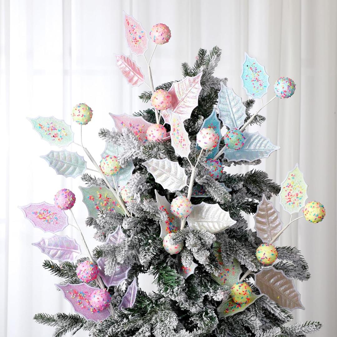 12 Pcs 16 Inch Pastel Christmas Decor Leaf Picks Pastel Candy Christmas Tree Picks Artificial Glitter Macaron Ornaments for Xmas Tree Decorations Topper Vase Filler Wreath Holiday Decor