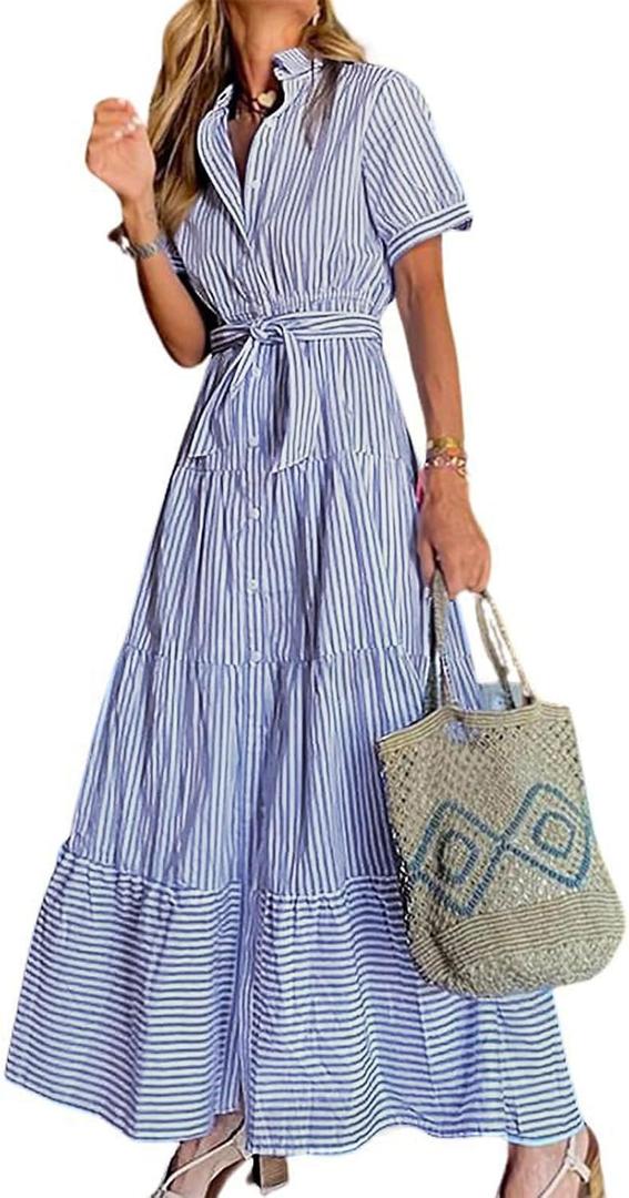 utcoco Womens Casual Short Sleeve Button Down Tie Waist Ruffled Striped Maxi Shirt Dress (Large, Blue)