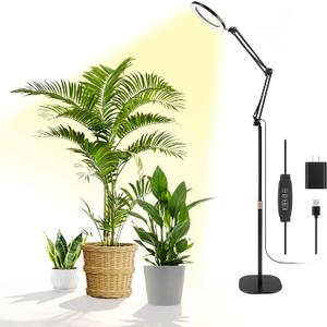 Floor Grow Lights for Indoor Plants, 10in Head Full Spectrum LED Plant Light with Stand, 10 Dimmable Levels & 3 Lighting Modes, Auto On Off Timer 3/9/12H, 36.6-66.6" Adjustable Height, Black