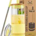 Pandaloo Glass Cups With Lids and Straws -20 Fl Oz- Perfect Size Iced Coffee Cup - Smoothie Cup With Bamboo Lid and On the go Lid (Sunny Lime, 1 Count (Pack of 1)