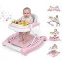 5 in 1 Baby Walker, Music and Lights Foldable Baby Walker with Wheels, 3 Adjustable Heights, with Bouncer Combo, Rocker, Activity Walker for Baby Boy and Girl 6-18 Months (Pink)