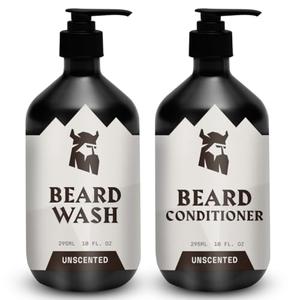 Striking Viking Beard Wash & Beard Conditioner for Men - Unscented, 10 Oz per Bottle - Nourishing & Deep Cleansing Shampoo - Sulfate Free Shampoo Conditioner with Jojoba Oil
