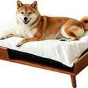 Elevated Dog Bed, Reversible Warm & Cooling Cushion, 24"x19" Mid-Century Modern Solid Wood Elevated Pet Bed Frame, Easy Assembly Raised Dog Bed for Medium Dogs Natural Wood