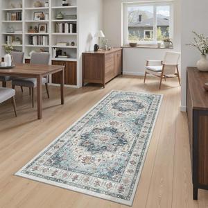 Madane Hallway Runner Rug 3x6 - Washable Kitchen Rugs Entryway Rug Runner Vintage Soft Floor Mat Non Slip Indoor Farmhouse Carpet for Bathroom Living Room Bedroom (3 X 6, Blue)