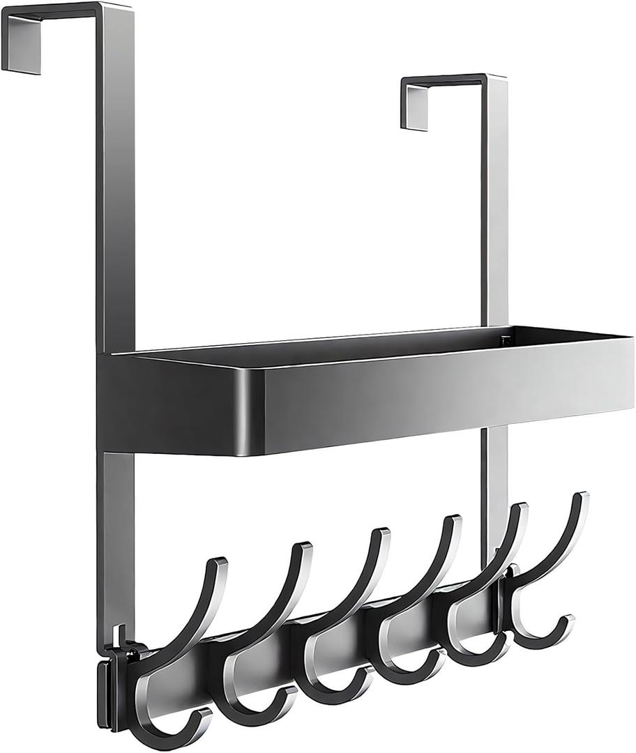 Inmorven Over The Door Hooks Organizer, Hanger Storage with 6 Hooks & 1 Mesh Baskets, Back of Door Storage for Towels, Coats, Clothes - Space Saving Hanging Rack for Bathroom,Living Room,Kitchen