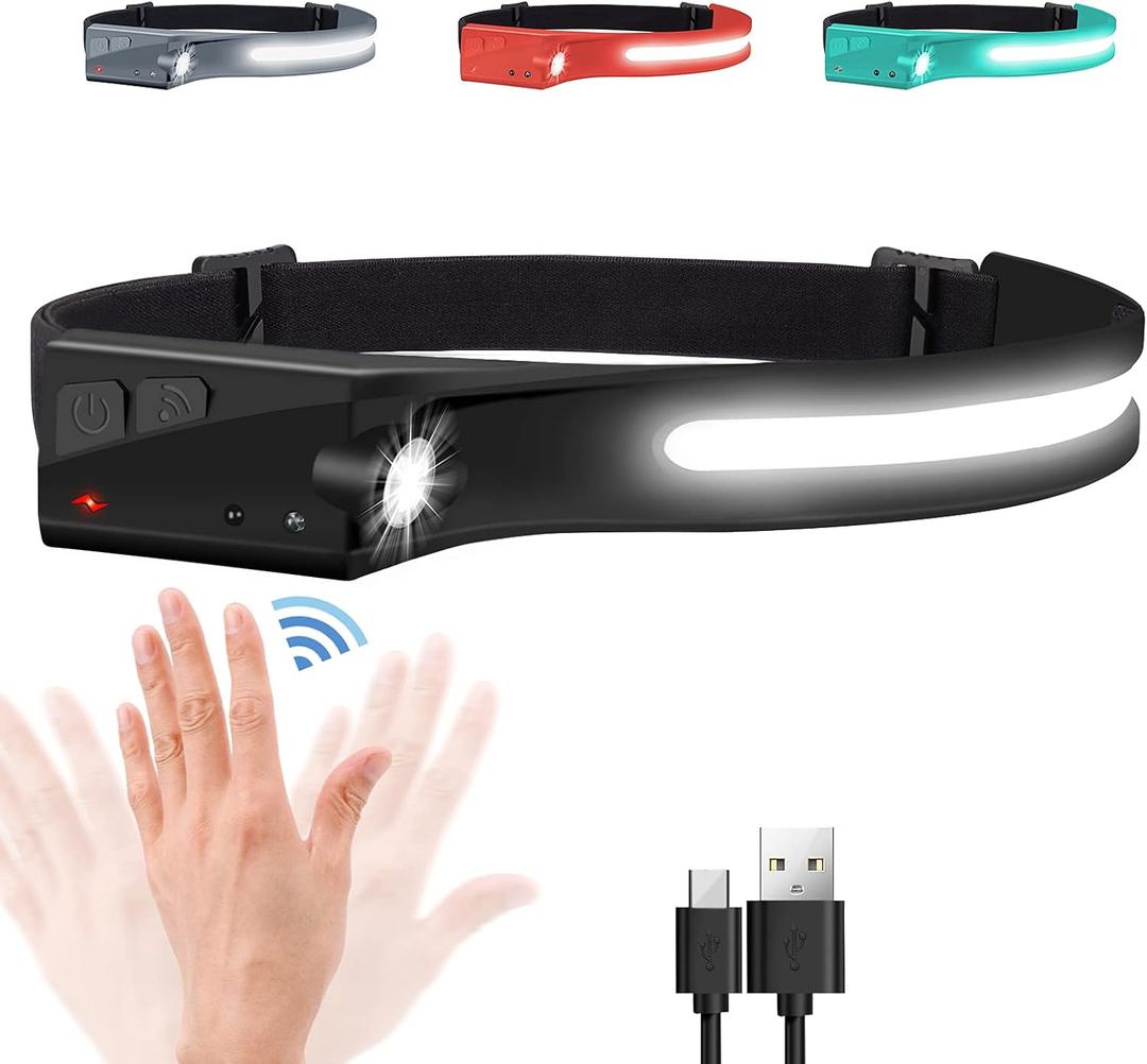 EGUKU Headlamp Rechargeable, Rechargeable LED Headlamps 1200Lumens 2 COB 230Wide Beam Headlight with Motion Sensor Bright 5 Modes Lightweight Waterproof Head Lamp for Outdoor Running, Camping Hiking (Magic Black)