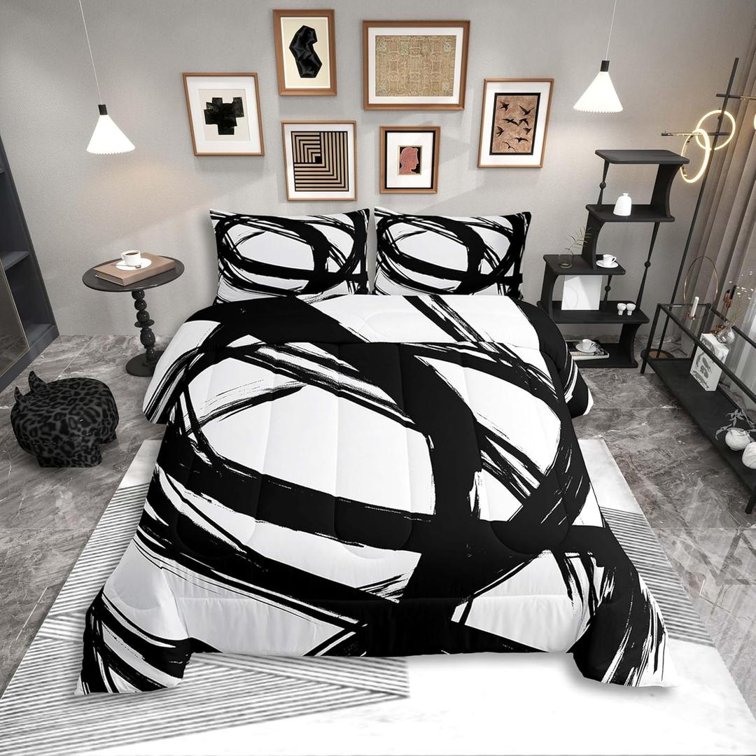 Black and White Abstarct Queen Comforter Set for Adult Women Men,Geometry Geometric Striped Bedding Set for Minimalists,Graffiti Aesthetic Lines Quilt,Contemporary Boho Modern Art Duvet Insert
