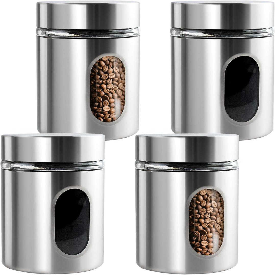 4 Pieces Kitchen Canisters Set 20 oz Stainless Steel Glass Canisters Airtight Coffee Sugar Tea Candy Jars Food Storage Container with Lid for Flour Cookies Spices Grains Kitchen Baking Home Decoration