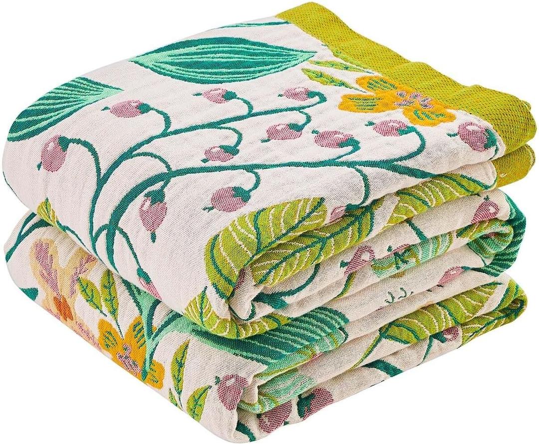Beige Boho Throw Blanket, 100% Cotton Blankets for Couch Bed, 60"x80"Cotton Quilt Travel Muslin Blankets Farmhouse Home Decor Soft Lightweight Picnic Blanket for Summer (B-white Flower)