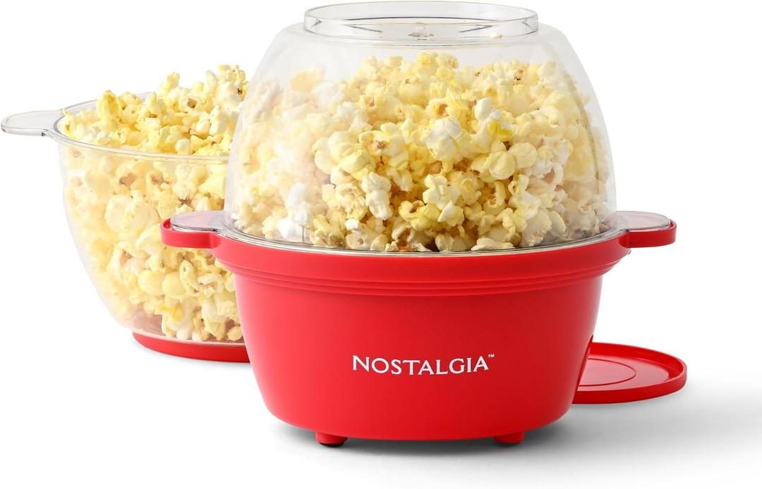 Nostalgia Electric Non Stick Stirring Popcorn Maker for 8 Cups of Theater Style Popcorn with Hot Oil - Dual-Use Lid & Serving Bowl Cool Touch Handles - Easy to Store - Red