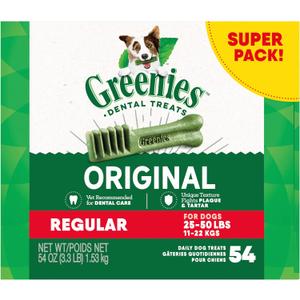 Greenies Veterinarian-Recommended Adult Natural Dental Dog Treats Regular Size, Dog Dental Chews, Original Flavor, 54 oz. Pack, 54 Count (EXP 07/27/29)