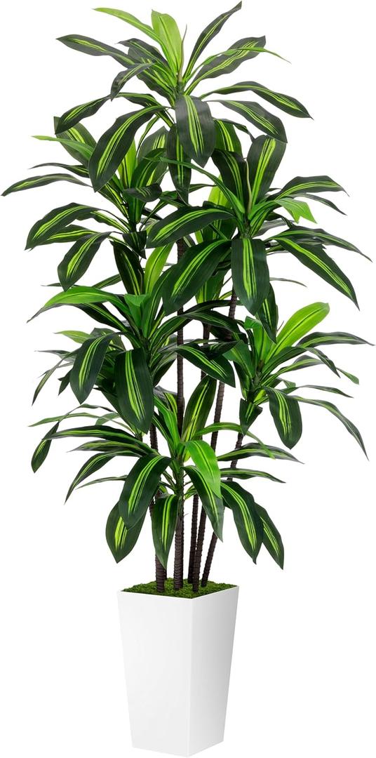 Artificial Dracaena Plant 6FT - Fake Tree with White Tall Planter - Faux Yucca Tall Fake Floor Plant in Pot - Artificial Trees for Home Office Living Room Decor Indoor