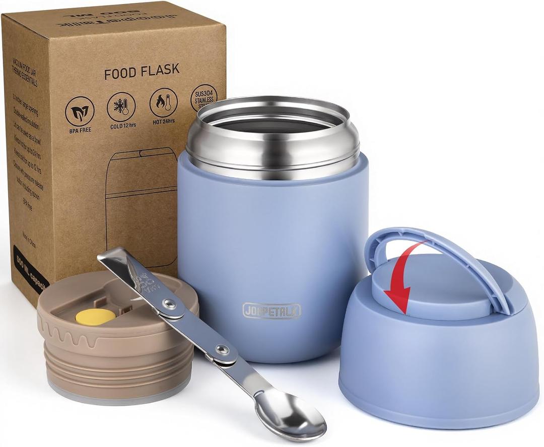 17 oz Insulated Lunch Containers Hot Food Jar, Wide Mouth Lunch Thermo for Hot Food Kids Adults, Vacuum Stainless Steel Thermo Lunch Box With Handle Folding Spoon for School, Office(Grayish Blue)