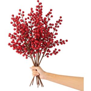 Crafare 12 Pcs 20 Inch Large Artificial Red Berries Stems Waterproof Berry Branches for Xmas Tree Filler Floral Arrangement Winter Holiday Season Decor