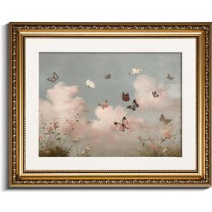 InSimSea Gold Picture Framed Wall Art, Living Room Vintage Butterfly Cloud Nursery Wall Decor, Field Landscape Canvas Print Art, Home Farmhouse Decor, Antique Paintings with Frame 13x16inch
