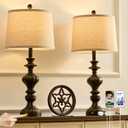 27.5" Farmhouse Table Lamps Set of 2 Bedside Lamp with USB C+A Ports & AC Outlet, 3 Way Dimmable Touch Lamps for Living Room Bedroom Office Hallway Rustic Nightstand Traditional Lamp